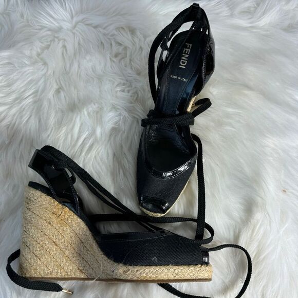 Fendi Black Canvas/Patent Leather Ankle Tie Espadrille Wedges Sz 38/US 7.5 - Picture 1 of 6